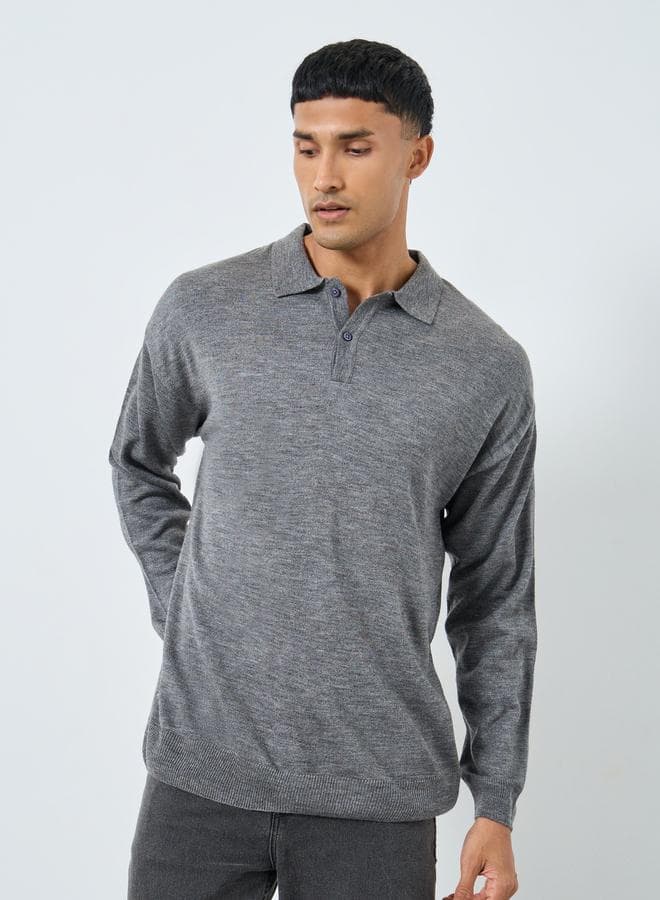 Styli Men Grey Knitted Relaxed Fit Polo Sweater