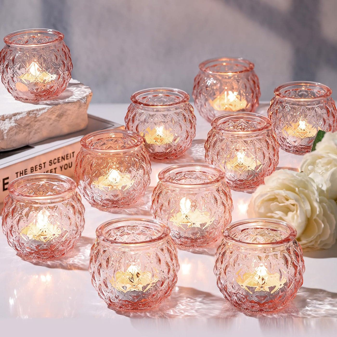 DARJEN Pink Votive Candle Holders Set of 24 Round Glass Candle Holders Bulk for Flameless LED Tea Waxes Romantic Candle Holder for Wedding Home Table Decor Various Parties