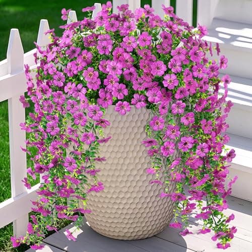 Ammyoo Artificial Hanging Flowers for Outdoors Faux Plants Decoration, 2 Packs Fake Silk Daisy Flower Realistic Outdoor Flowers UV Resistant Porch Patio Window Yard Outside Decor(Purple)