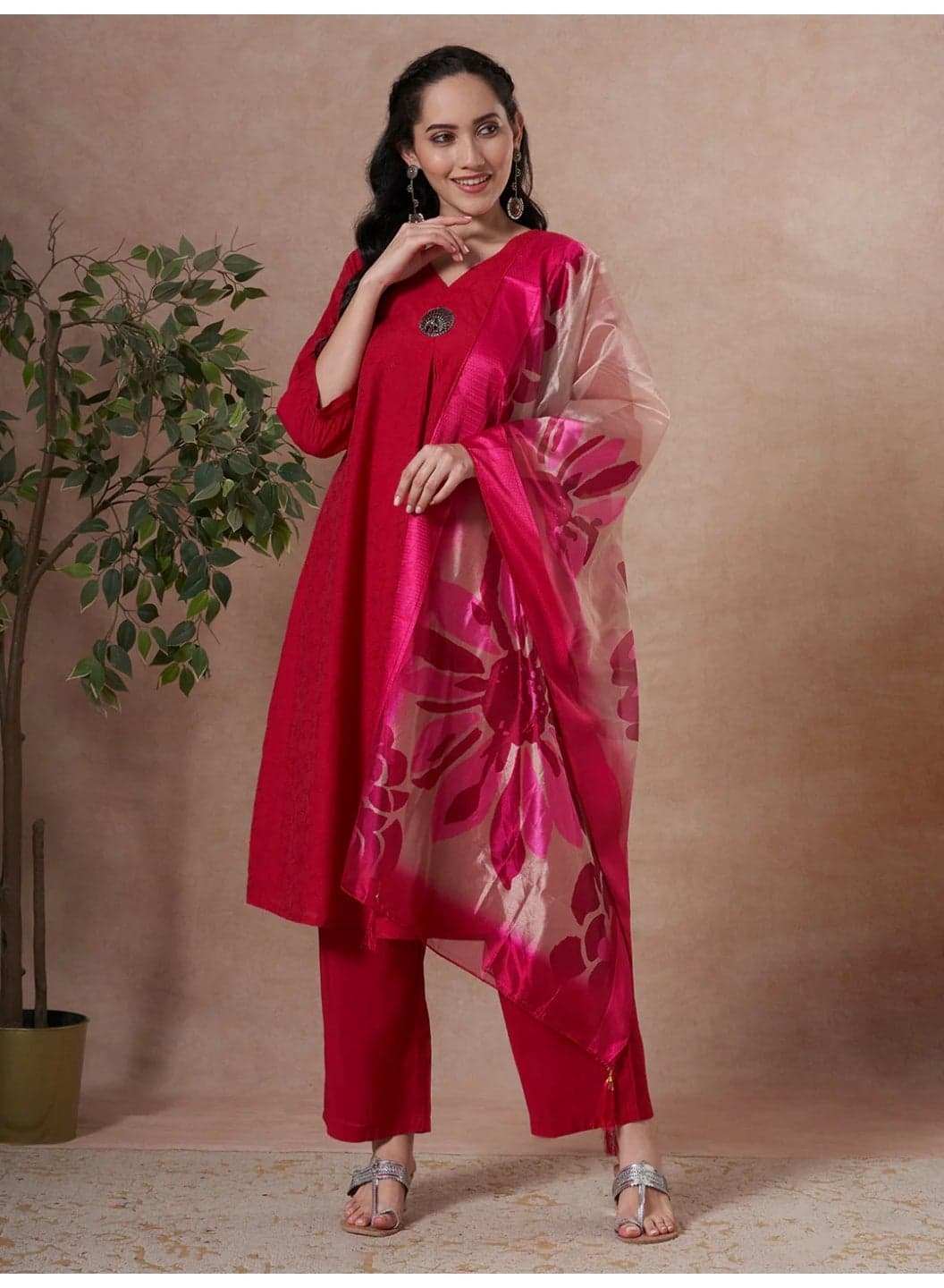 Rani Pink A-Line Kurta Set for Women with Palazzo and Organza Dupatta – Indian Ethnic Wear, Casual Festive Kurti Set, Indian Dress for Ladies