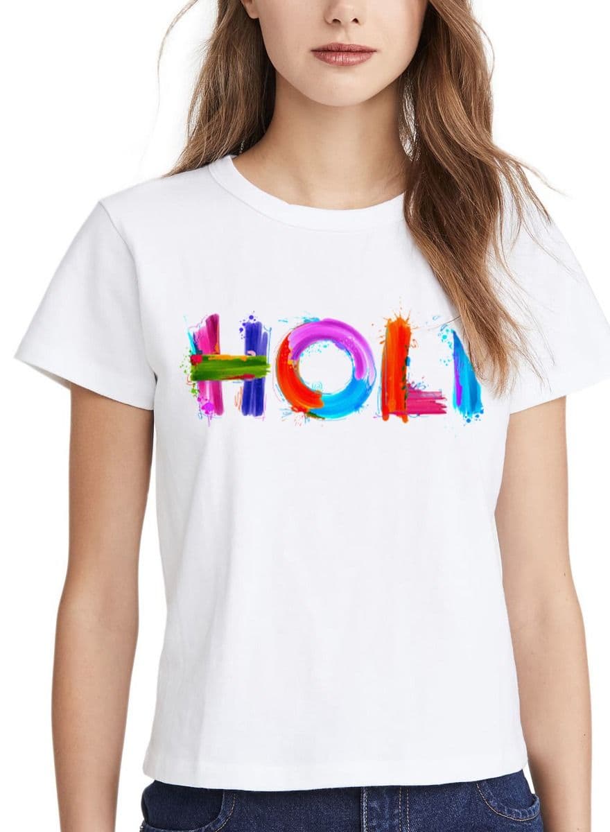 Holi Printed T-shirt Round Neck 100% cotton Women's T-shirt - White Color — L