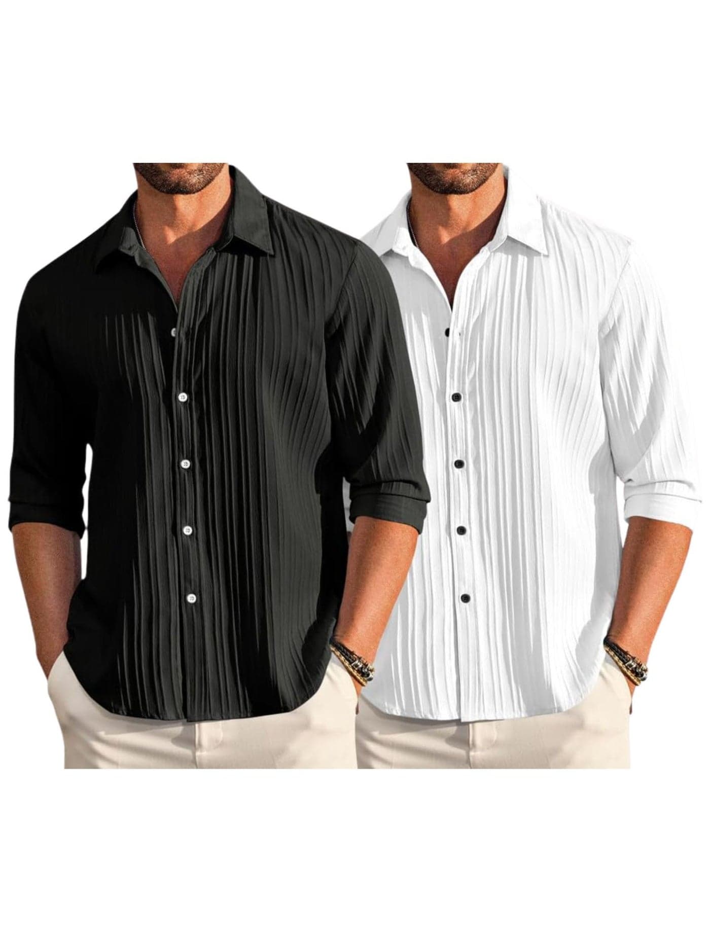 Macsivo Combo of Men's Casual Button Down Shirts Long Sleeve Linen Shirt Fashion Textured Beach Summer Shirt Pack of 2