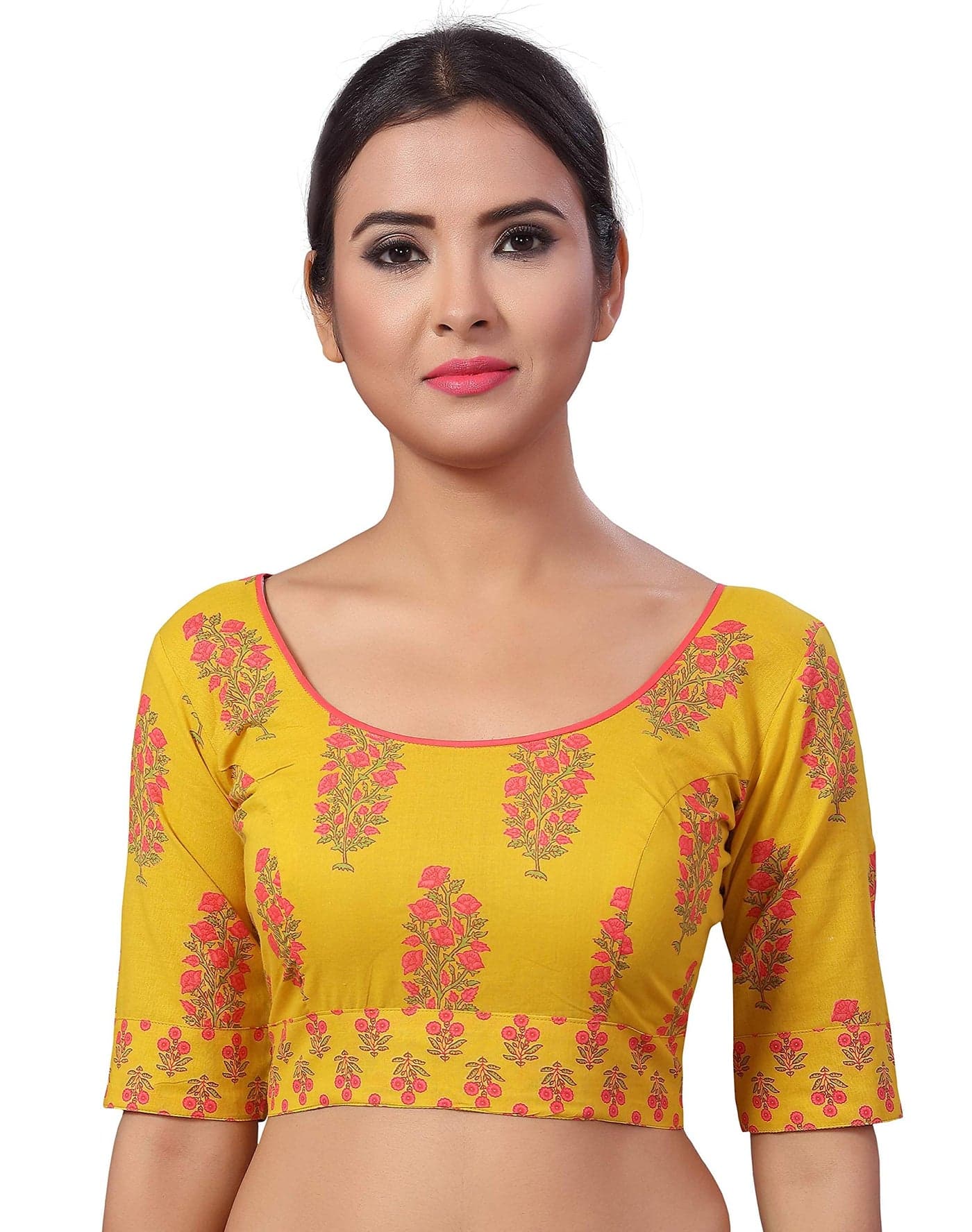 Studio Shringaar Women's Yellow Jaipuri Block Printed Pure Cotton Readymade Saree Blouse with Elbow Length Sleeves (Size, 42)