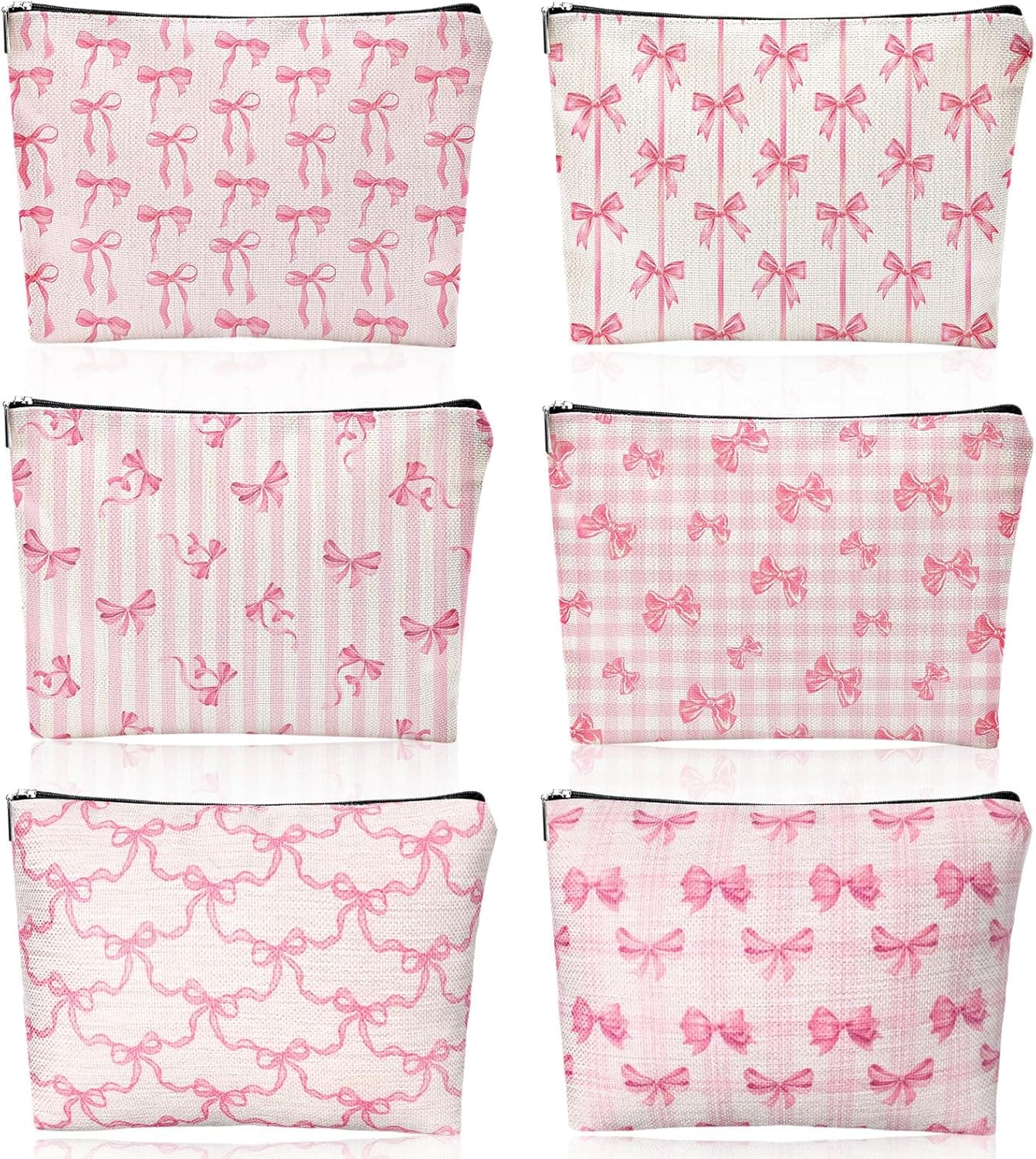 Kacctyen 6 Pack Pink Coquette Bow Makeup Bag Preppy Cosmetic Bags Zipper Pouch Travel Toiletry Bag Pink Trendy Pouch Bag Gift for Coquette Birthday Paty Favor Girls Travel Storage Accessories