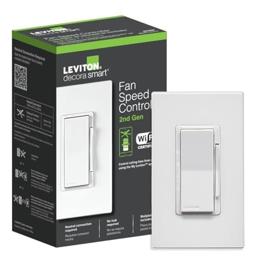 Leviton Decora Smart Fan Speed Controller, Wi-Fi 2nd Gen, Neutral Wire Required, Works with My Leviton, Alexa, Google Assistant, Apple Home/Siri & Wired or Wire-Free 3-Way, D24SF-1RW, White