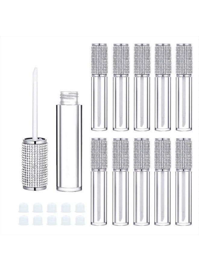 10 Pack Crystal Rhinestone Lip Gloss Wand Tubes, 5ml Empty Lip Gloss Containers, Lipgloss Lip Balm Bottles with Rubber Stoppers for DIY Lip Glaze Balm Cosmetic Business (Silver Diamond)