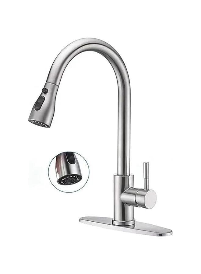 Kitchen Faucet, Single-Handle High Arc Kitchen Tap Faucet with Pull Down Sprayer, Stainless Steel Modern Faucet Mixer for Sink, 1 Hole Stainless Steel Kitchen Mixer 3 Modes (Silver)