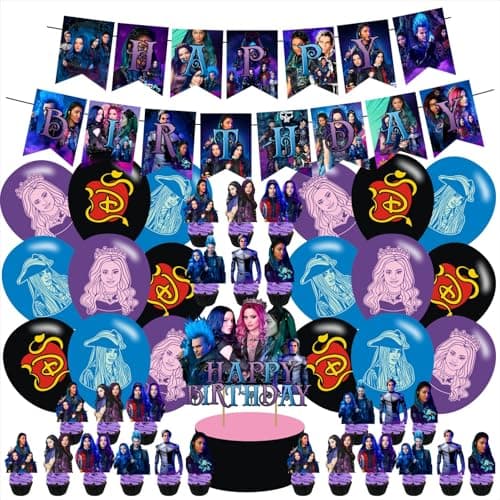 Descendants Birthday Party Decoration Descendants Include Theme Birthday Banner Cake Topper Latex Balloons for Movie Fans Party Supplies