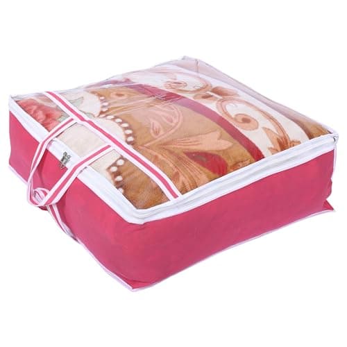 Kuber Industries Blanket Cover | Non-Woven Blanket Cover | Zipper Storage Bag For Blanket Organizer With Top Transparent Window | Extra Large | Extra Large | Pink, 53 Cm, 22 Cm