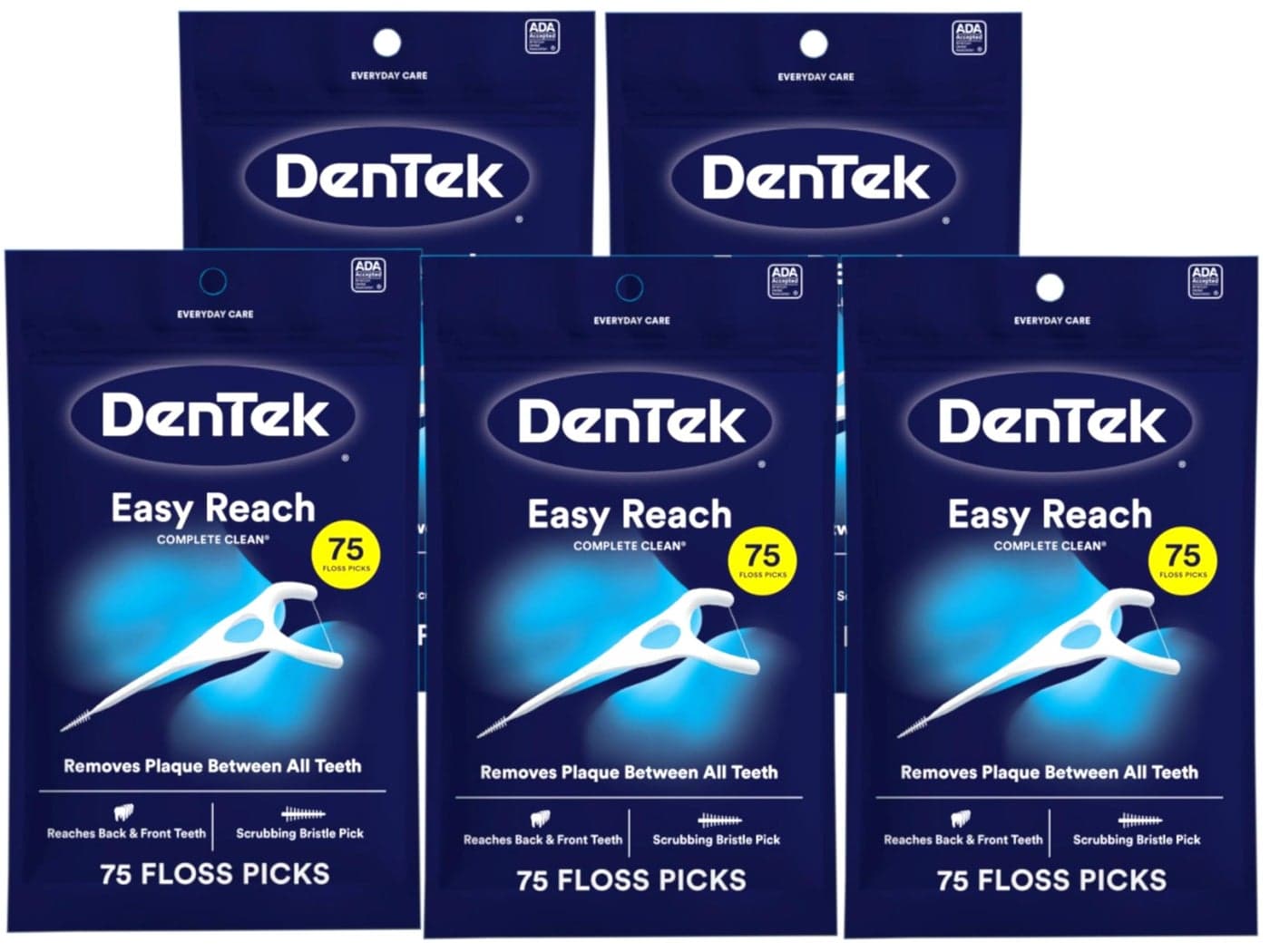 DenTek Complete Clean | Easy Reach Angled Floss Picks | No Break & No Shred Floss | Designed for Hard to Reach Molars | Y-Shaped Pick | 75 Count in Each (Pack of 5)