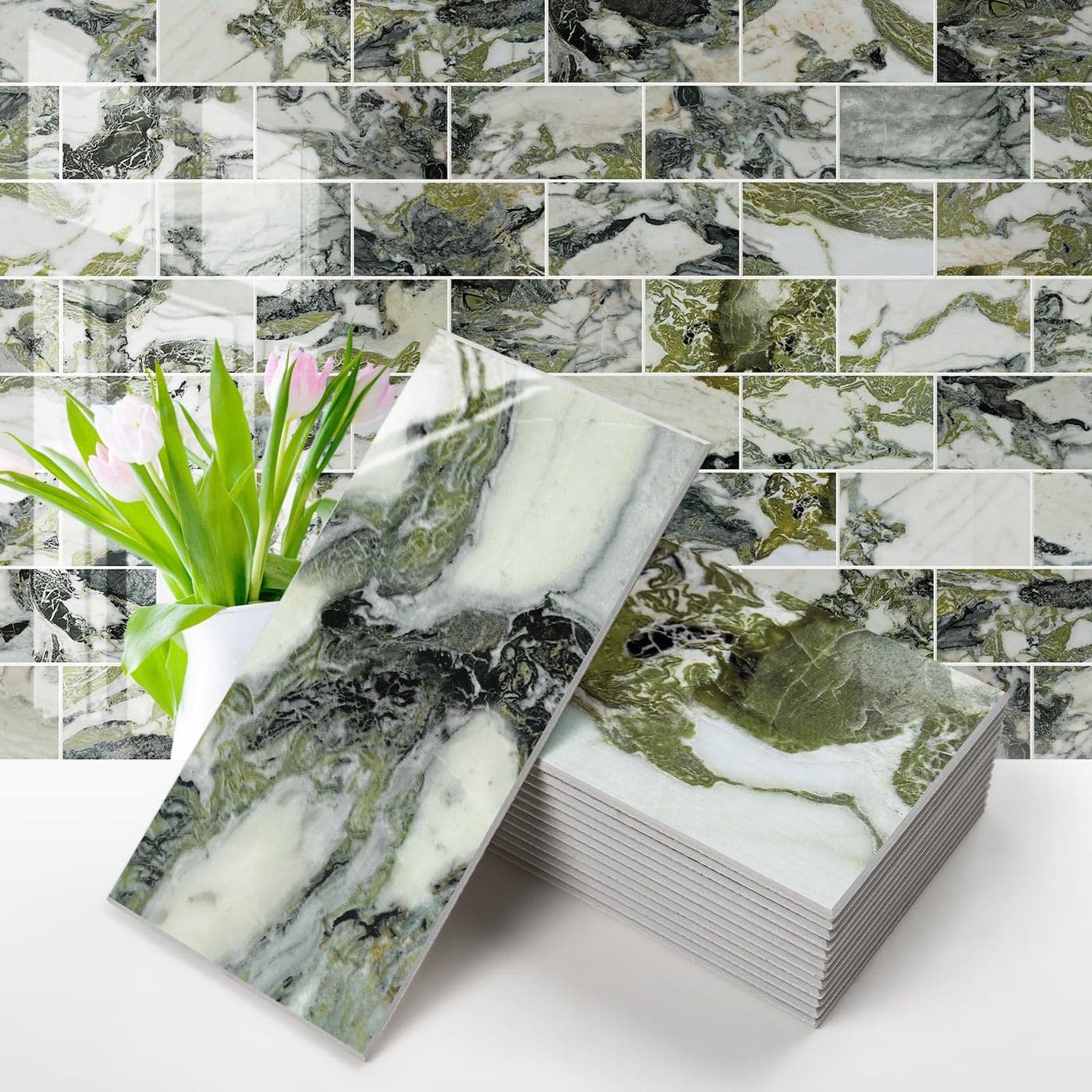 Vamos Tile 100Piece Glossy Ice Green Peel and Stick Backsplash Tile3x6 PVC Subway Tile with White GroutStick on Backsplash for KitchenBathroomFireplace