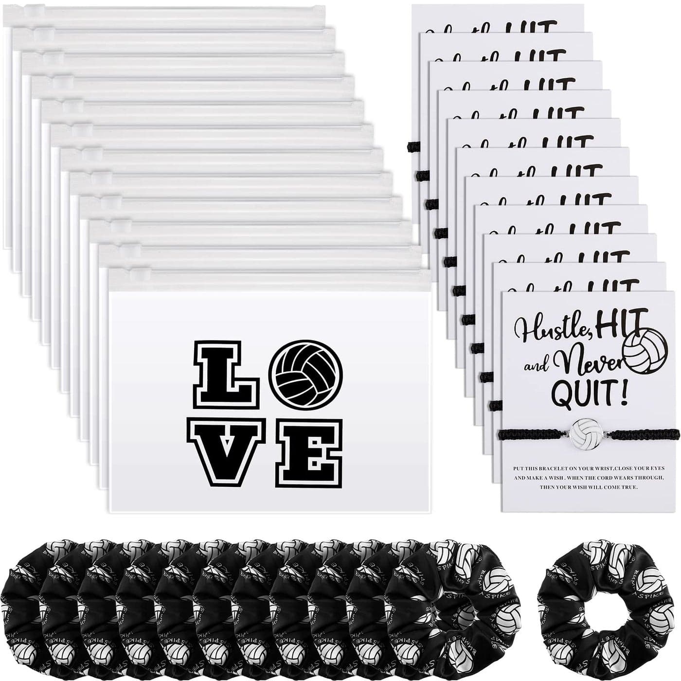 Juexica 36 Pcs Volleyball Team Gifts Volleyball Party Favors Include 12 Bracelets 12 Scrunchies 12 Bags for Women Players Sports Lovers Sport Themed Supplies BulkBlack and White
