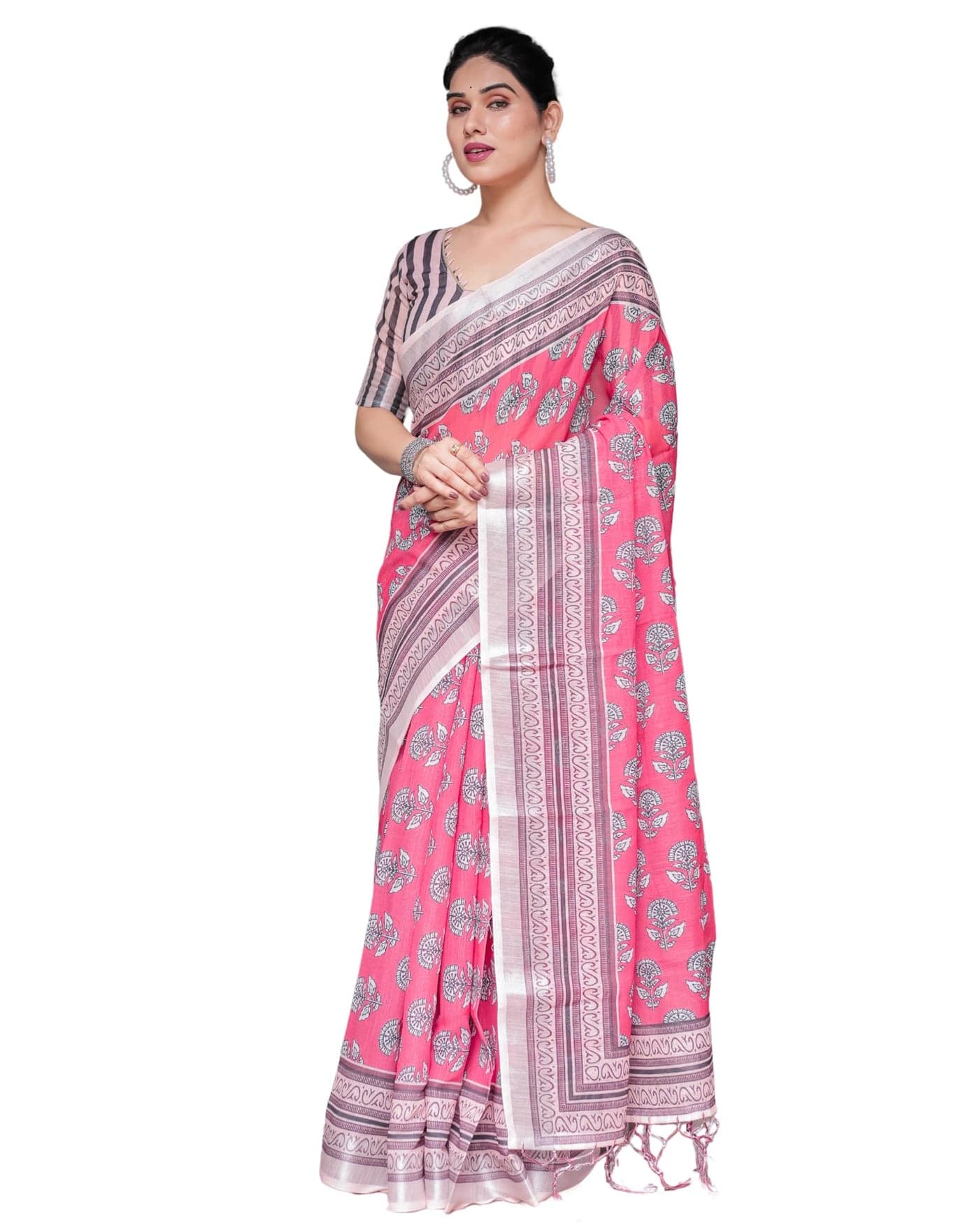 ALMAARI FASHION Women's Floral Printed Handloom Cotton Silk Saree with Zari Border and Tassel Pallu Unstitched Blouse Piece | Traditional Ethnic Wear Sarees | Women saree silk | Festive Sari Women's