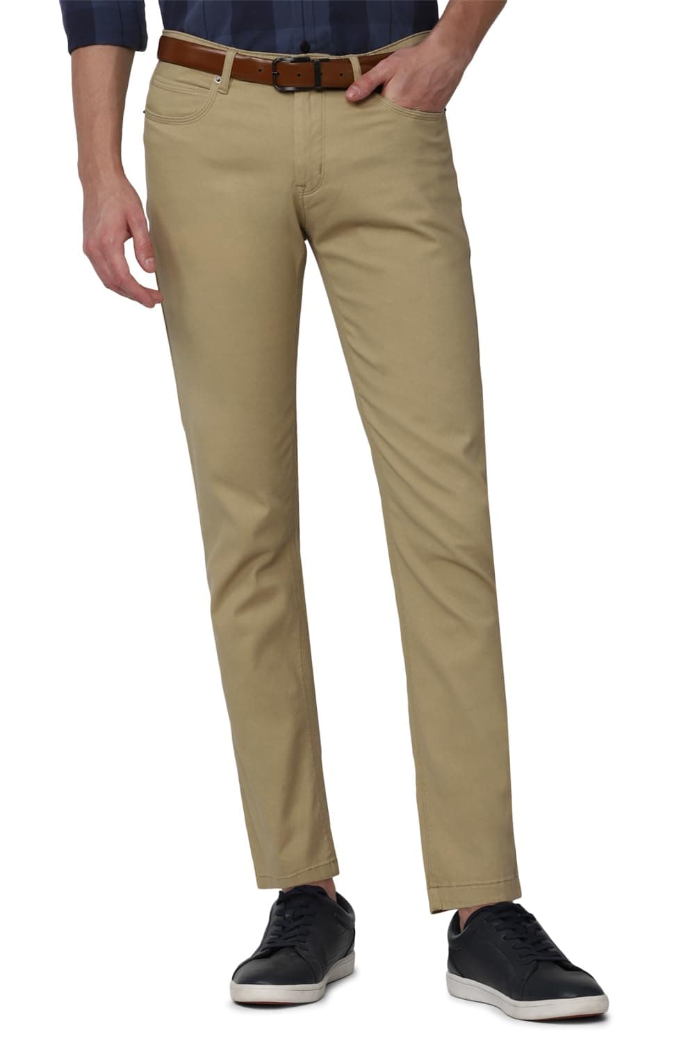 Peter England Men's Super Slim Fit Stretchable Everyday Casual Mid Rise Trouser | Scoop Pocket Premium Twill Chinos | Flat Front Light Khaki, 30