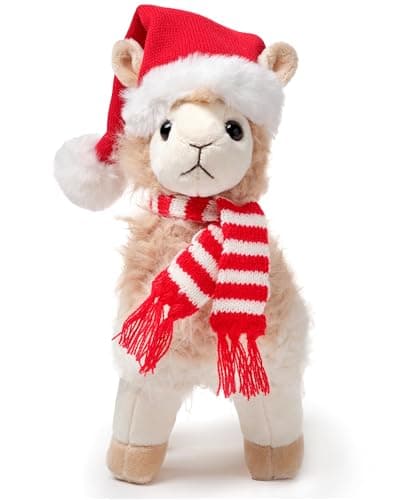 Bearington Holly Christmas Llama Stuffed Animal Plushie 10 Soft Fur Floppy Body Holiday Stuffed Animals with Santa Hat and Scarf Cuddly Llama Plush Toy for Kids and Animal Lovers