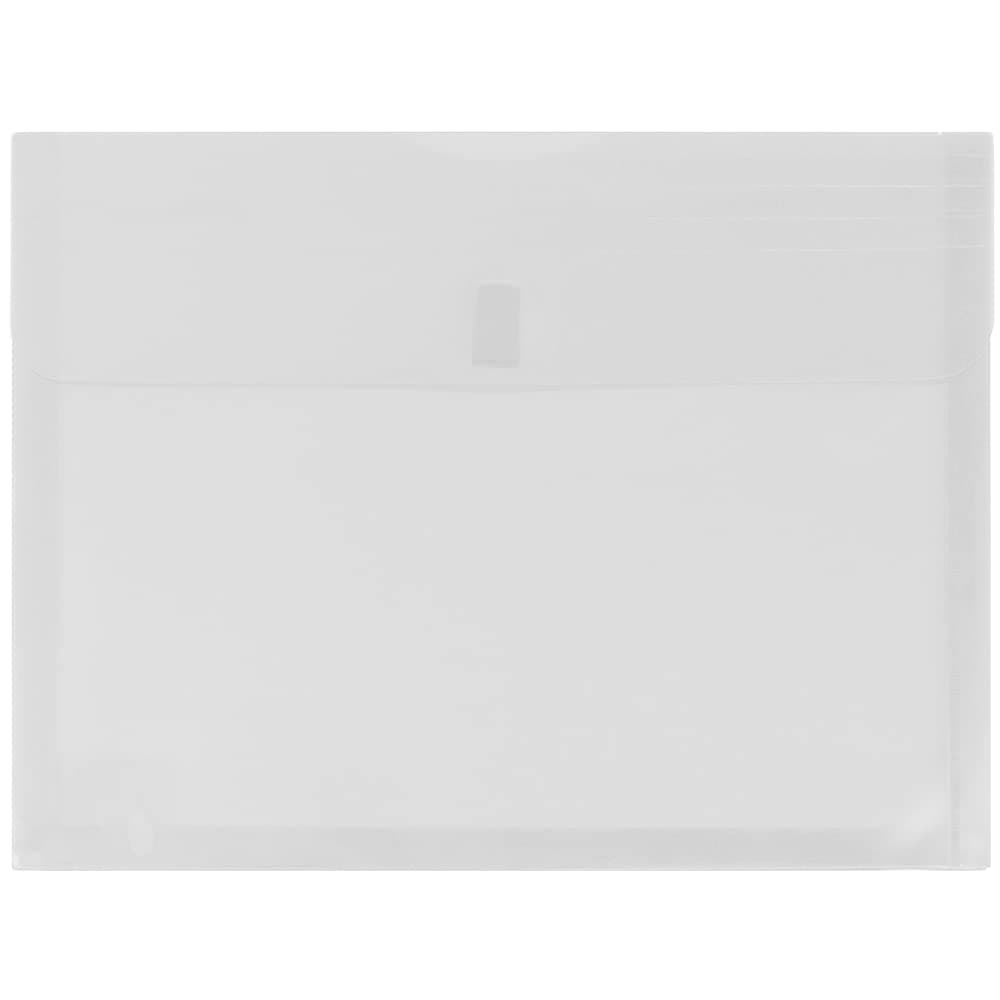 JAM PAPER Plastic Expansion Envelopes with Hook Loop Closure Letter Booklet 9 34 x 13 with 1 Inch Expansion Clear 12Pack