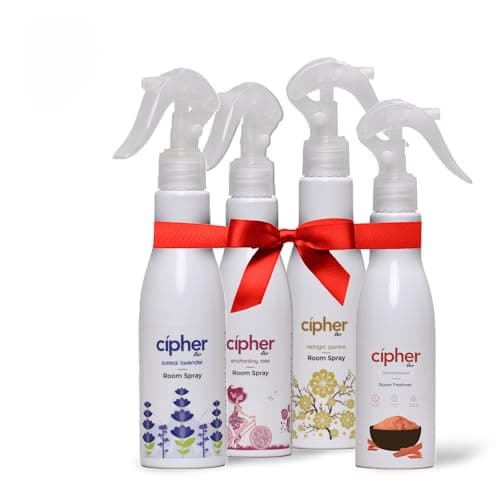 CIPHER Room Spray Combo Pack of 4-200ml Each (Enchanting Rose, Midnight Jasmine, Surreal Lavender, Sandal) | Air Freshener & Odour Eliminator for Home, Bathroom, Office, Toilet, Hotel, Fabric