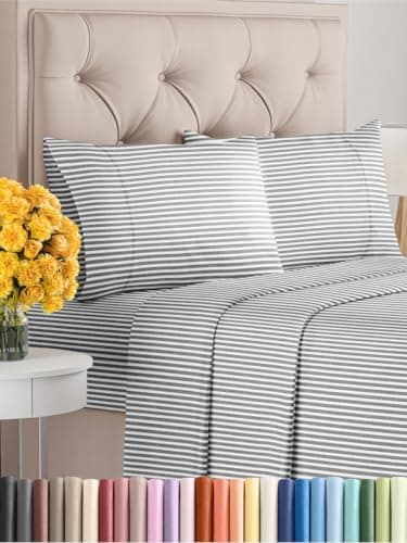 Queen Size 4 Piece Sheet Set Extra Soft Breathable Cooling Sheets Hotel Luxury Durable Bed Sheets for Women Men Deep Pockets EasyFit WrinkleFree Sheets Grey Stripes OekoTex Sheets