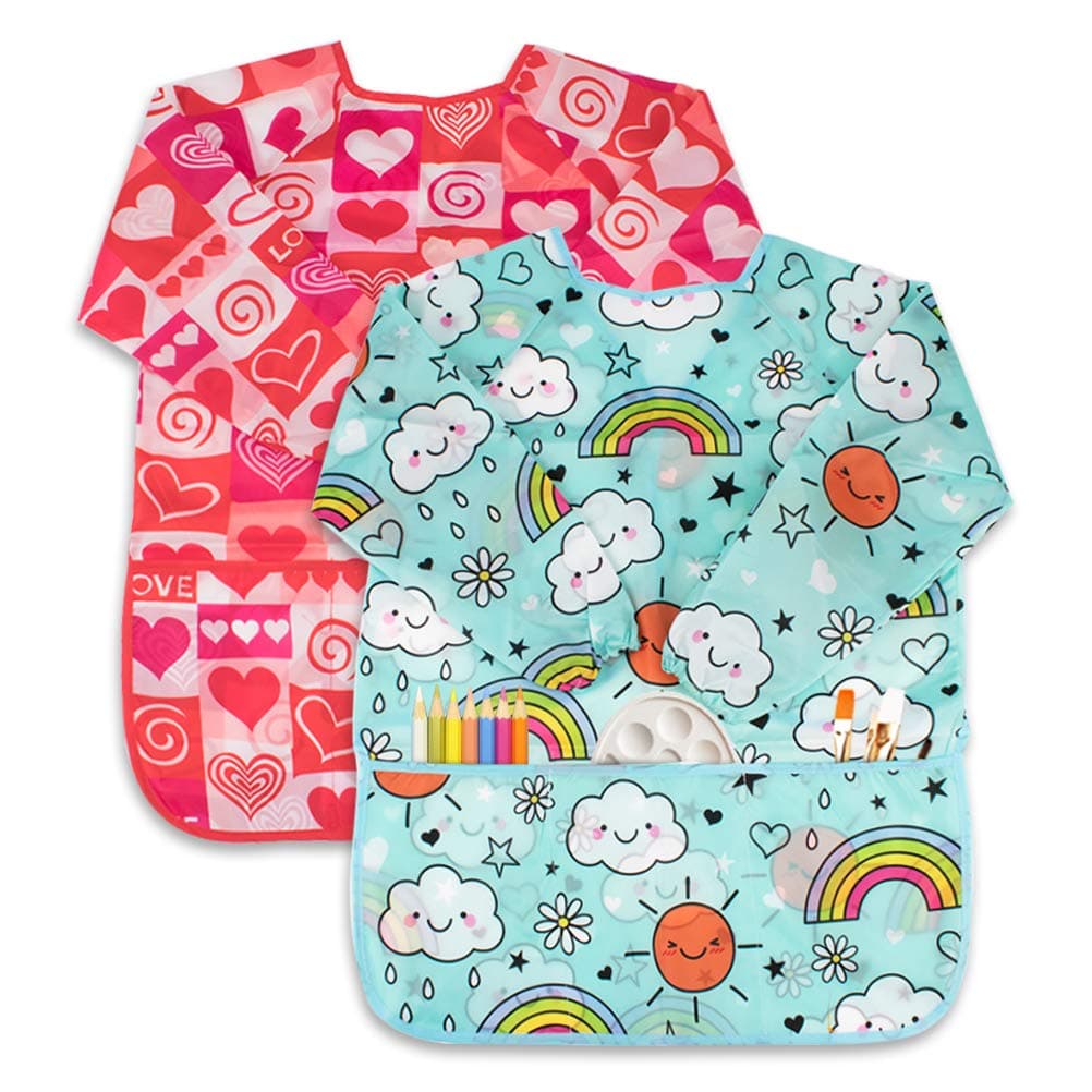 BAHABY 2 Pack Art Smock for Kid, Painting Apron for Children Waterproof Artist Smock with Long Sleeve and 3 Pockets for Age 3-8 Years