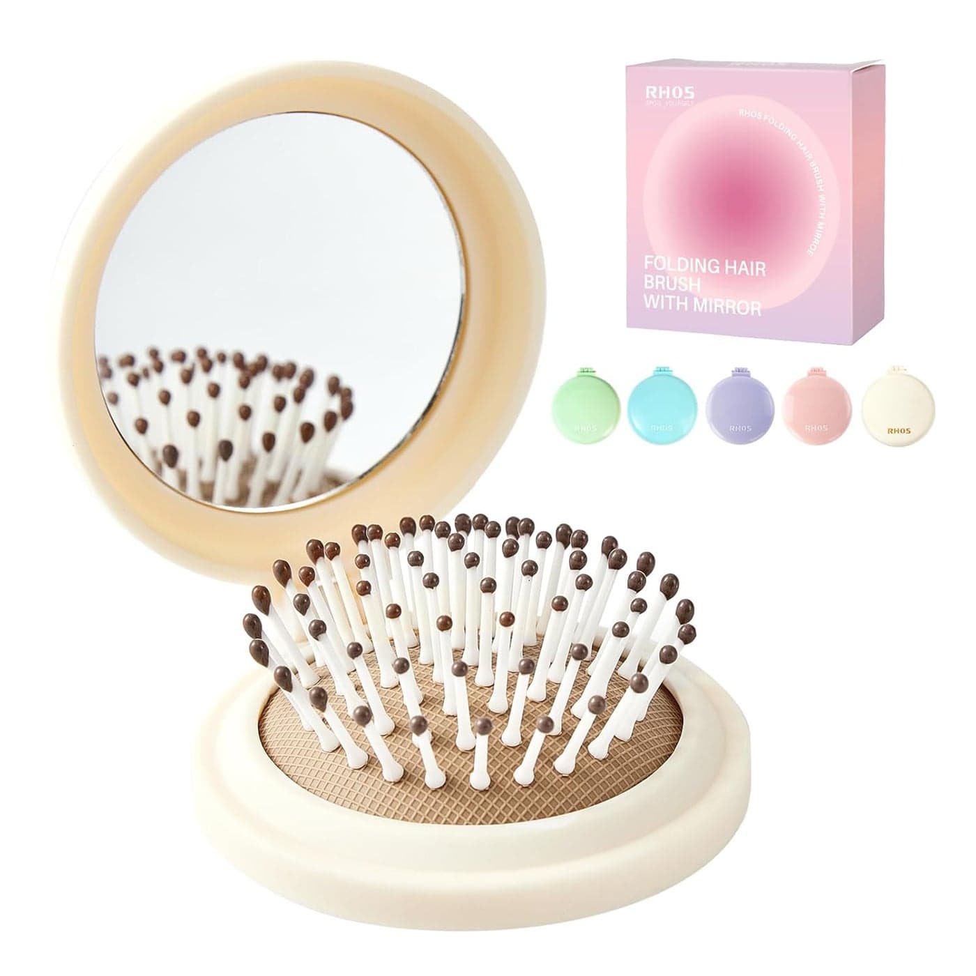 RHOS Hair Brush with Mirror for Women Men and Kids Compact Foldable Brush with Mirror for Purse Small Pocket Brush Portable Travel Brush Beige