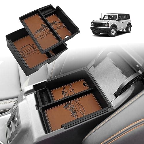 TripleAliners Center Console Organizer Compatible with 2021-2024 Ford Bronco(no for Sport) Accessories 6th Gen Bronco 2/4-Door Center Console Storage Box ABS Material with Leather Trim(V2_Brown)