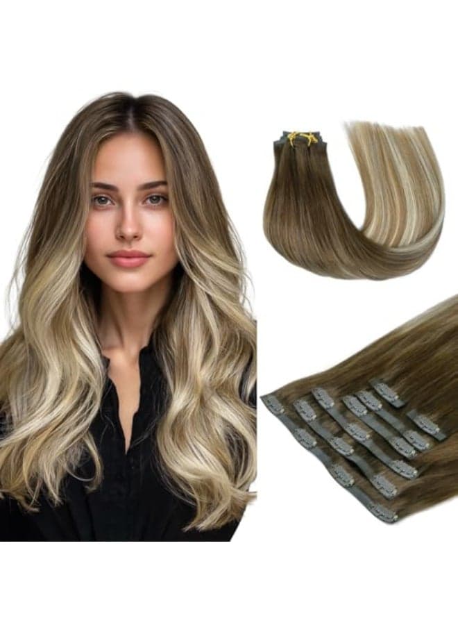 HOTBANANA Seamless Clip in Hair Extensions 18 inch 130g 7pcs Walnut Brown to Ash Brown and Bleach Blonde Clip in Remy Human Hair Extensions Straight Hair Invisible PU Skin Weft