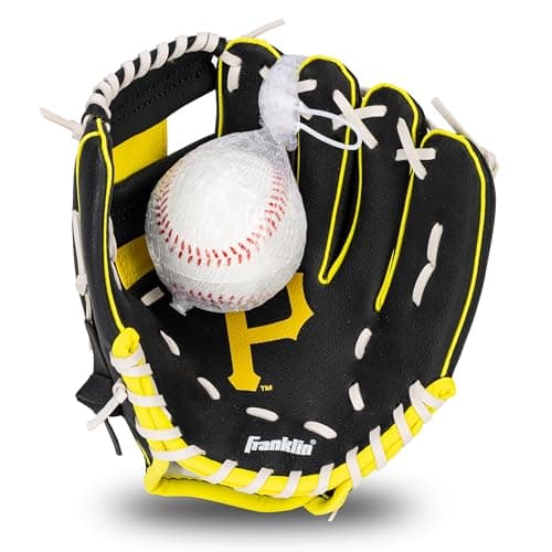 Franklin Sports MLB Youth Teeball Glove + Foam Ball Set - Kids Pittsburgh Pirates Baseball + Teeball Mitt and Ball - Perfect First Kids Glove - 9.5"