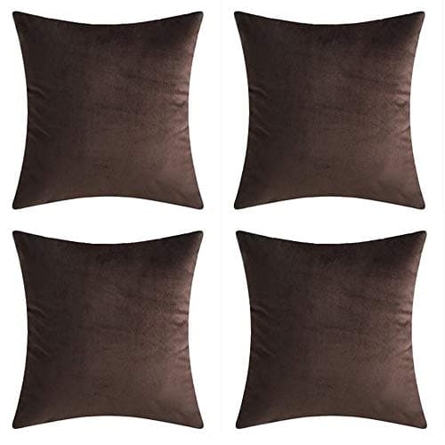 Andreannie Set of 4 Velvet Super Soft Comfortable Solid Decorative Throw Pillow Cover Cushion Case for Sofa Living Room 18 inches,20 inches Square(Brown, 18 x 18-Inch) ¡
