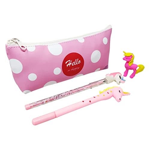 PARTEET Combo (Pack of 4 Items) Stationary Set of 1 Polka Dot Colourful Pouch,1 Unicorn Pen, 1 Unicorn Pencil, 1 Unicorn Eraser for Kids