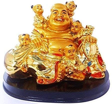 GJ Polyresin Feng Shui Laughing Buddha Showpiece with 5 Children for Health, Wealth and Happiness (14 cm, Golden)
