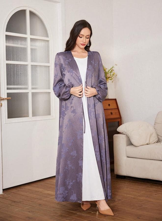 Floral Print Purple Abaya with Front Tie Detail