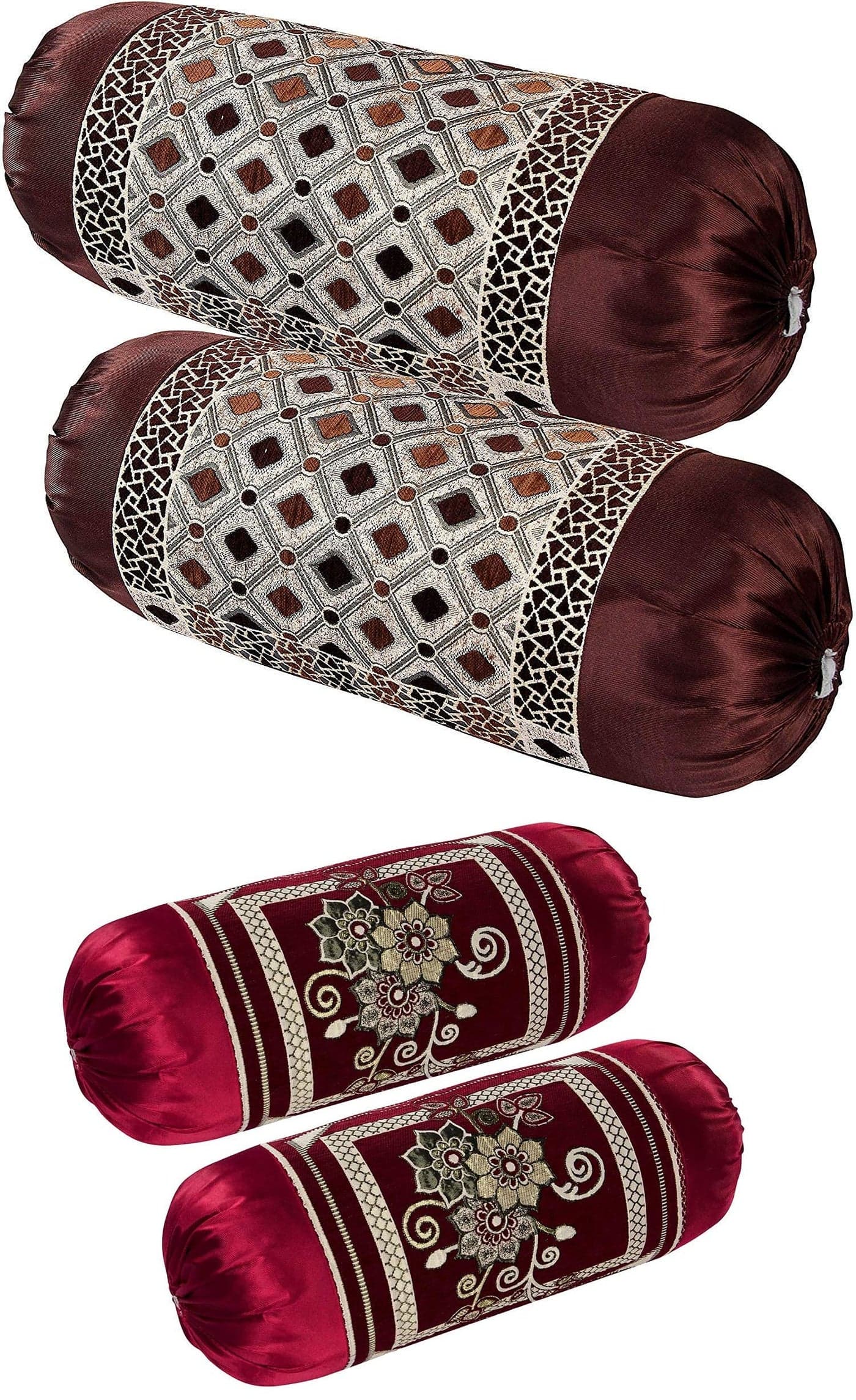 HSR Collection Chenille Velvet Bolster Cover, Bolster Pillow Cover Set of 4, Round Pillow Cover Set of 4-32 x 16 inches | Maroon and Brown