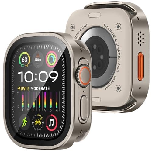 Amizee Metal Case Compatible with Apple Watch Ultra 3/2/1 49mm Case with Built-in Screen Protector, Straight Edge Ultra Thin with Back Cover Protective Cover for iWatch 49mm, Titanium