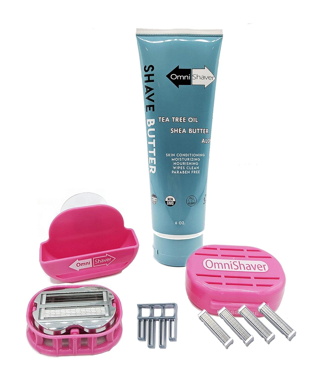 Premium Omnishaver Kit - The Fastest Way to Shave Head, Legs, Arms, Body | An Alternative to Disposable Shaving Razors Self Cleans & Strops During Use with Shave Butter & Replacement Cartridges - Pink