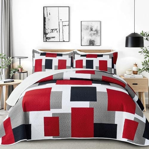 Tyrot 2 Piece Red Black Grey Quilt Set Twin Size Red White Geometric Reversible Bedding Set Microfiber Lightweight Bedspread Coverlet with 1 Sham Modern Abstract Bed Cover for All Season, 68''x86''