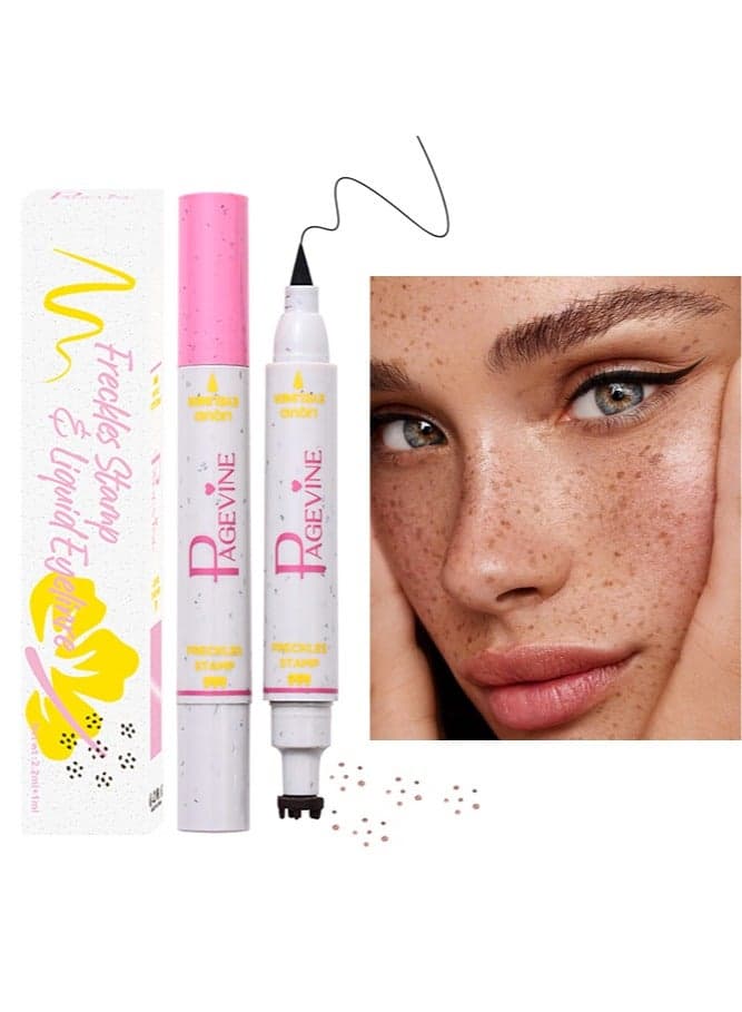 Freckles Stamp & Liquid Eyeliner- Freckle Pen Stamp and Black Eyeliner 2 in 1, Dual Ended Faux Freckles Maker Pen for Sunkissed Makeup Natural Lifelike Long Lasting,02 MEDIUM