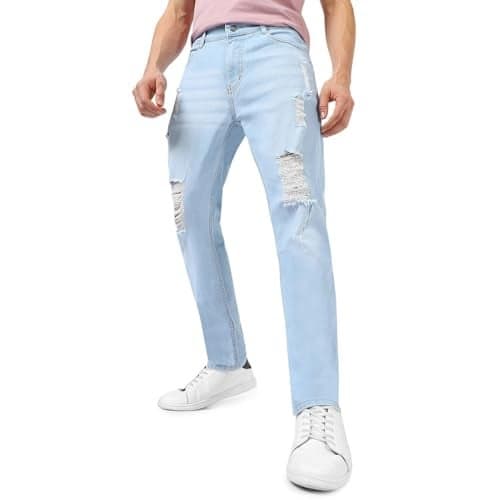 Urbano Fashion Men's Ice Blue Slim Fit Heavy Distressed/Torn Jeans (avdisheavywhsk-iceblu-32)
