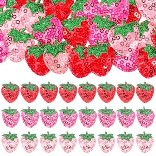 45 Pcs Cute Fruit Iron on Patch Strawberry Fabric Lovely Sequin Patches Appliques Embellishments Sweet Applique Badge Sew Repair DIY Craft Accessories for Girls Women Red Pink Rose Red