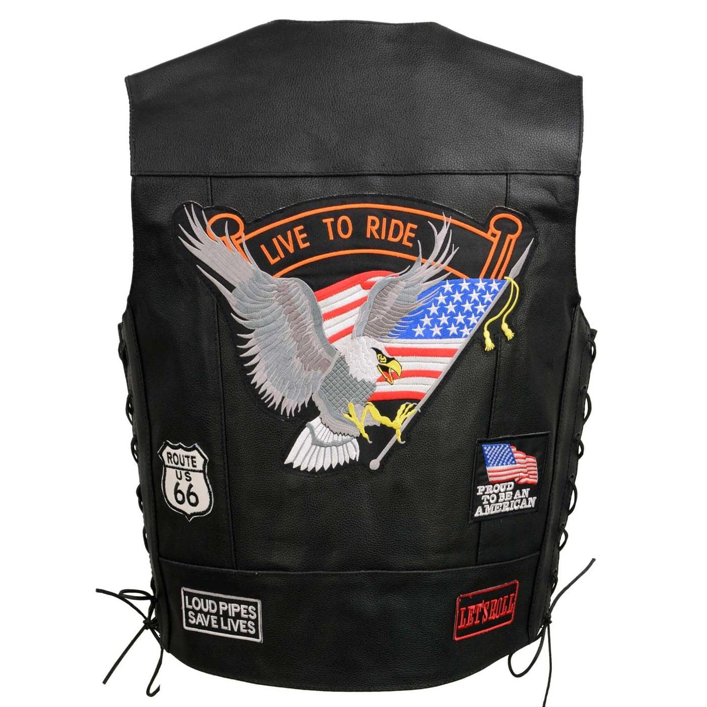 EVENT LEATHER ELM3930 Mens Black Motorcycle Riders Leather Vest w 9 Patches and Adjustable Side Laces 3XLarge