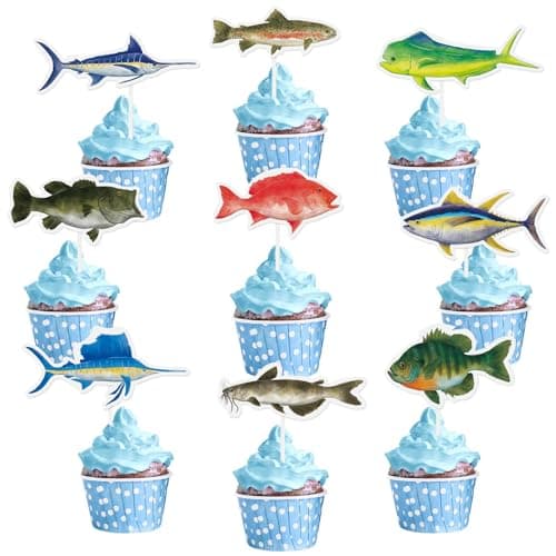 WERNNSAI 36PCS Fishing Cupcake Toppers Fishing Birthday Party Cake Decorations for Kids Boys Gone Fish Cake Toppers Fishing Baby Shower Party Supplies Summer Outdoor Fishing Party Favors Cake Decor