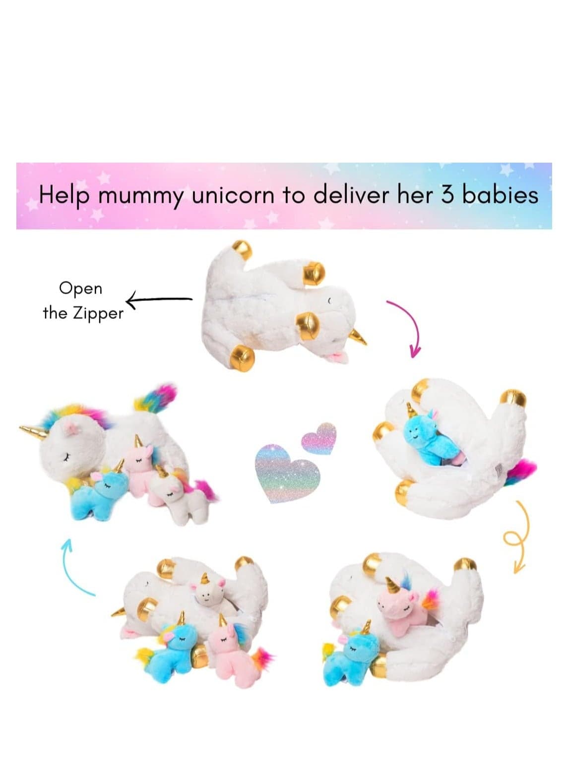 Unicorn Plush Toys for Girls Ages; Stuffed Unicorn Doll with 3 Baby Unicorns in her Tummy; Toys for Girls
