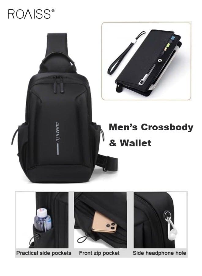 2 Piece Bag Set of Sling Bag and Long Wallet for Men Casual One Shoulder Bag Backpack PU Multi-slot Zipper Wallet New Fashion Men's Multifunctional Waterproof Crossbody Bag