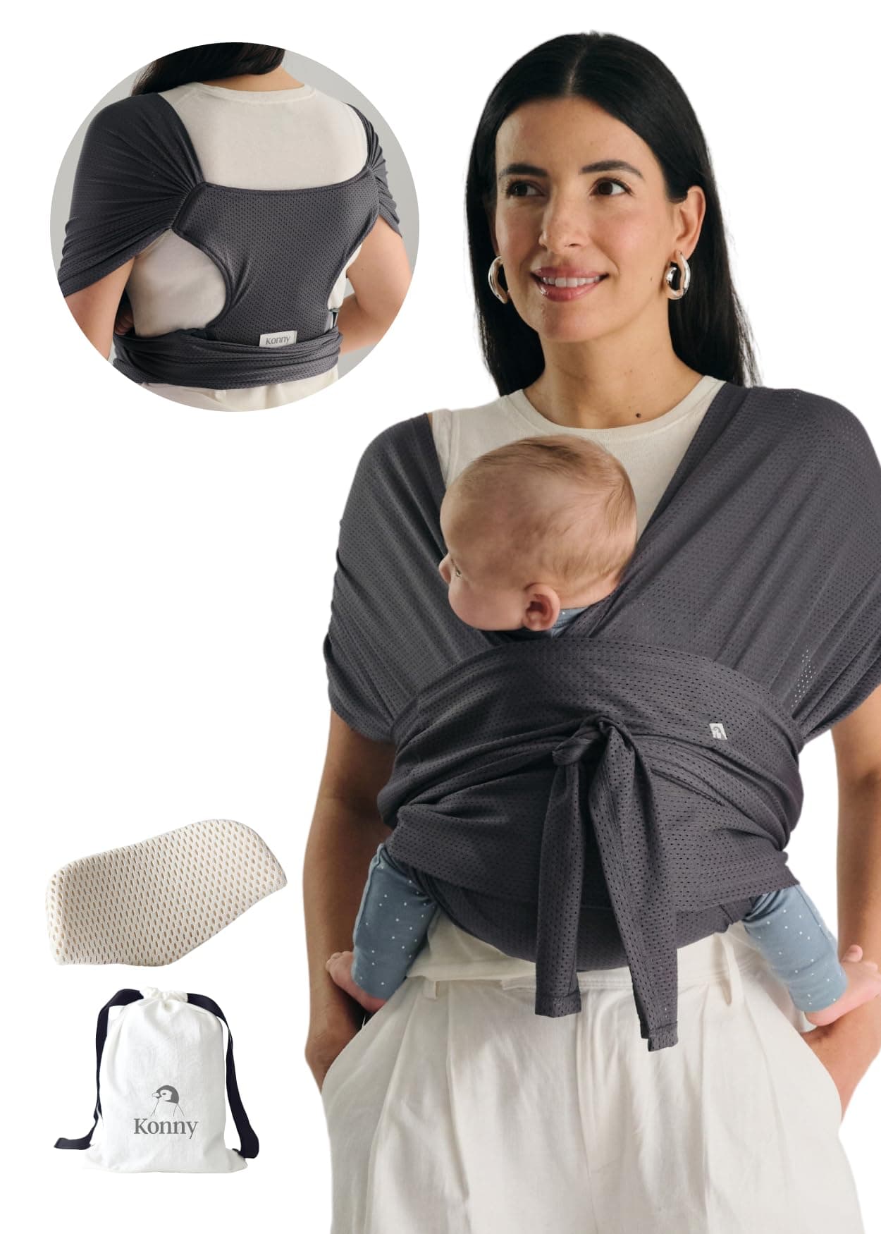 Konny New and Improved Baby Carrier Flex AirMeshHead Support Summer Adjustable Easy to Wear and Wrap Baby Sling Perfect for Newborn Babies Essentials up to 44 lbs M4XL Charcoal
