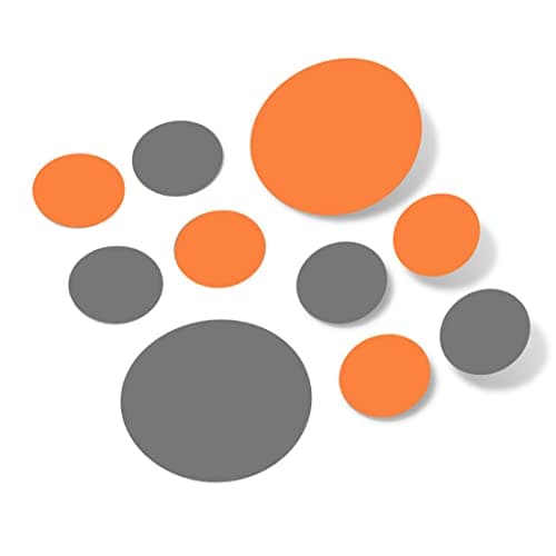 Orange & Grey Vinyl Wall Decals (30 Decals) - Polka Dots Stickers - Removable Adhesive Safe on Smooth or Textured Walls Round Circles Bathroom Kids Room Birthday Gift Nursery Decor Peel and Stick