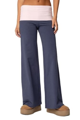Pivanzore Fold Over Yoga Pants for Women Low Rise Wide Leg Leggings Sweatpants Y2k Cozy Stretchy Foldover Lounge Pants Blue Pink S
