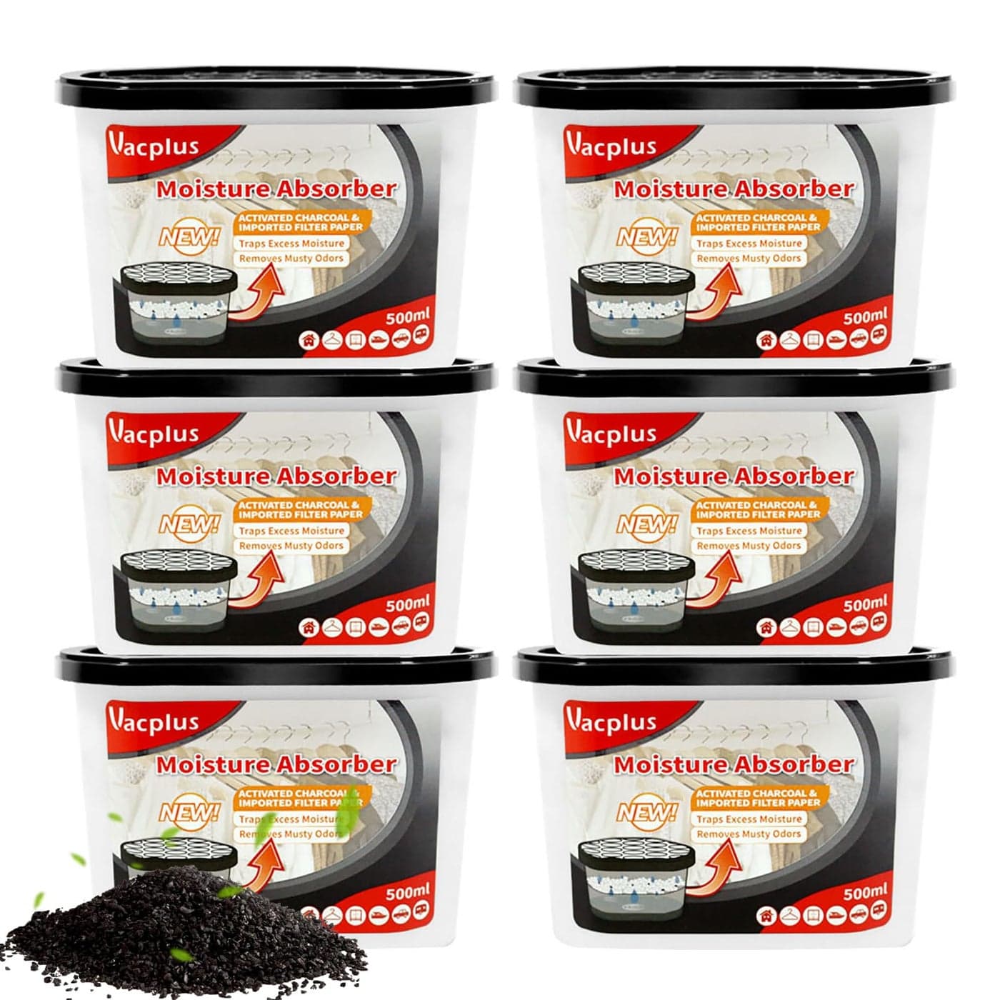 Vacplus Moisture Absorbers 6 pack 105Oz Portable Humidity Absorber Boxes for Your Bathroom Closet Car Dehumidifier with Activated Carbonfor Black