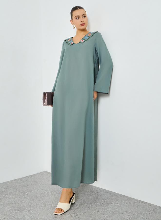 Green Floral Embroidered A-Line Jalabiya