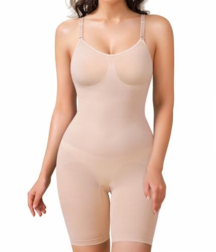 BRABIC Waist Trainer Bodysuit for Women Tummy Control Shapewear Round Neck Seamless Butt Lifter Full Body Shaper (Medium, Beige Mid Thigh)