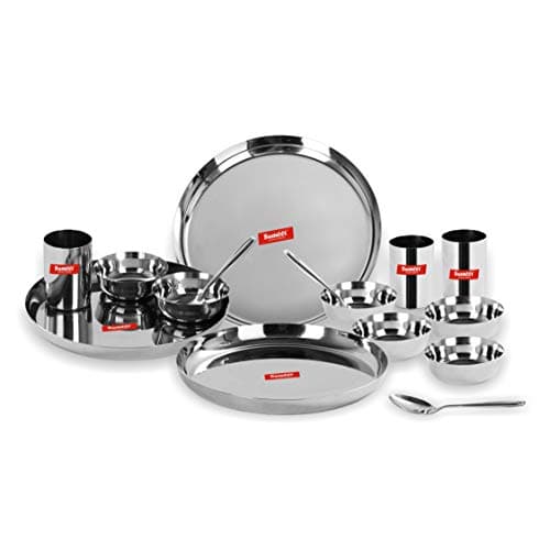 Sumeet Stainless Steel Mirror Finish Solid Buffet Set / Dinner Set Of 15 Pcs (3 Plate, 6 Bowl / Wati, 3 Glass, 3 Spoon)