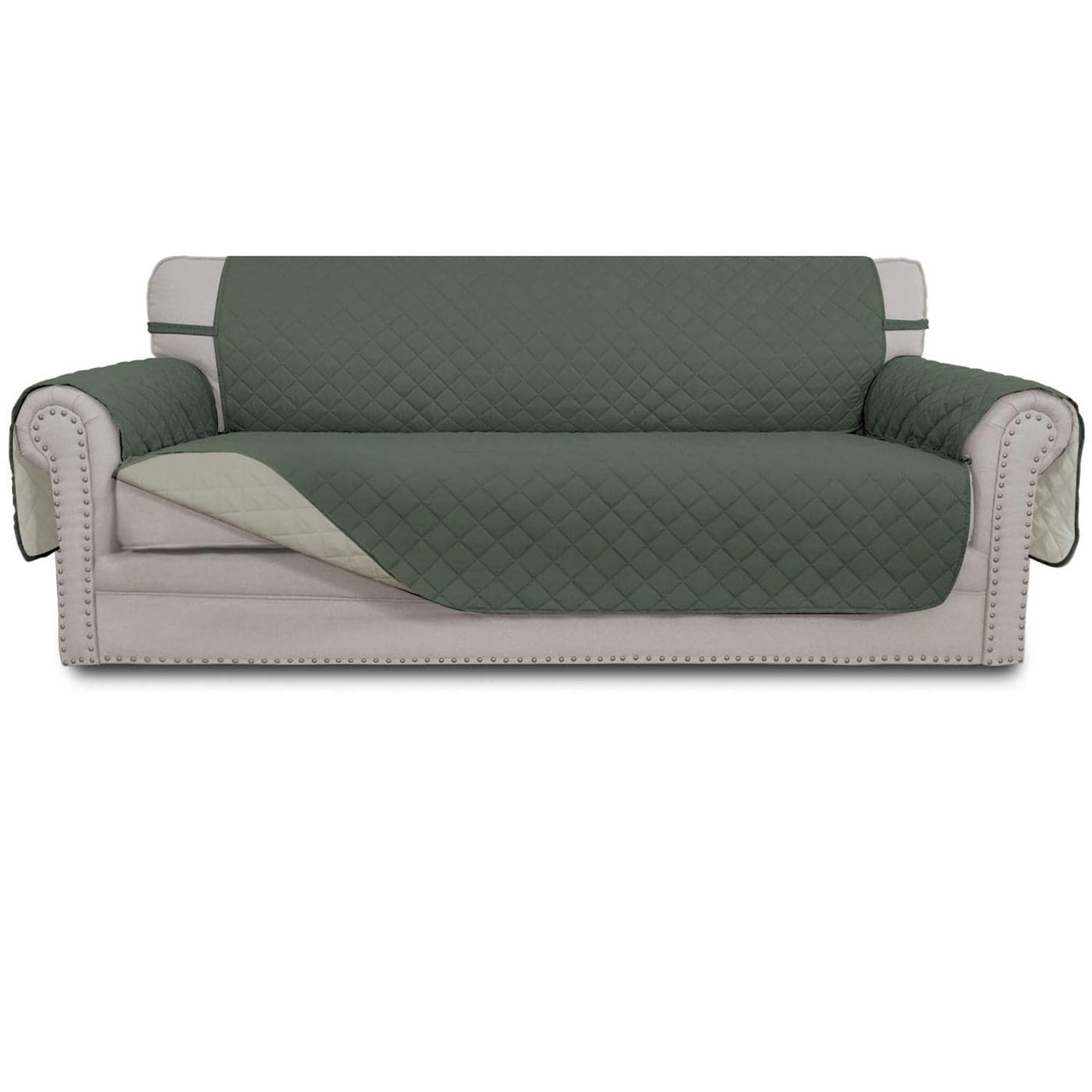 EasyGoing Reversible Couch Cover for 3 Cushion Couch Sofa Cover for Dogs Water Resistant Furniture Protector Cover with Foam Sticks Elastic Straps for Pet Cat Sofa Greyish GreenBeige